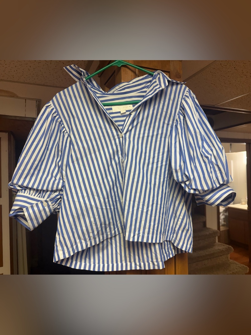 Zara Blue & White Striped Puff-Sleeve Button-Up Blouse
